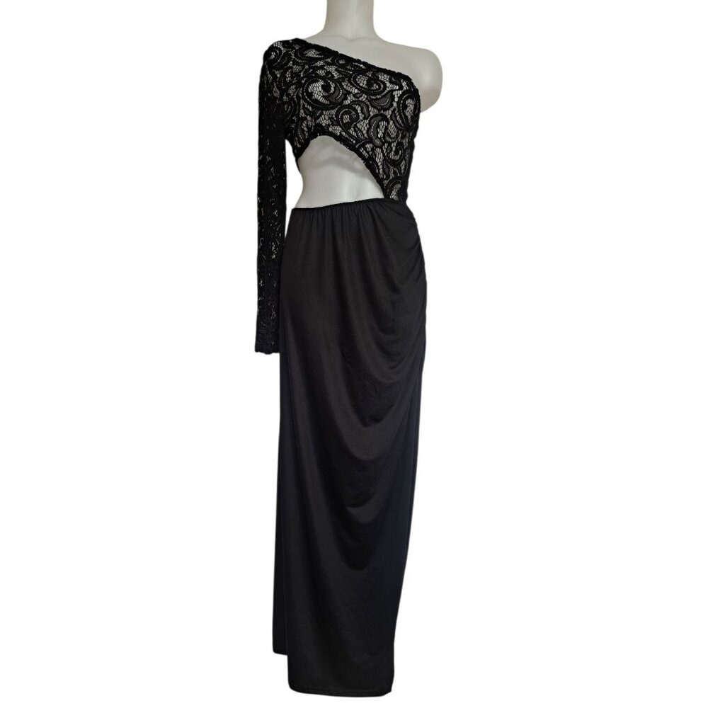 Womens Black One Shoulder Lace Cutout Maxi Evening Gown L Formal Prom Unbranded